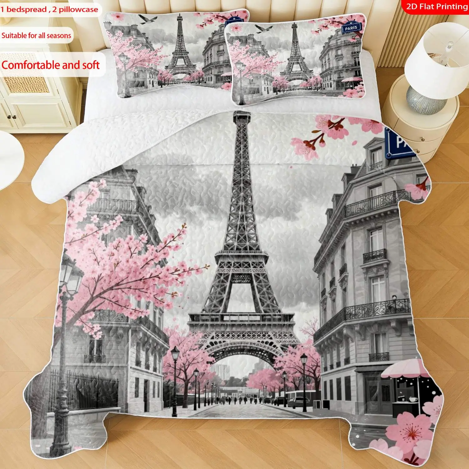 3 pcs, 2D Flat Print Paris Eiffel Tower Cherry Blossom Cityscape Bedspread Set, Soft and Comfortable, Multiple Sizes Available, Suitable for Gifting and Daily Use, Ideal for Creating a Cozy Home Atmosphere(1 bedspread , 2 pillowcases)