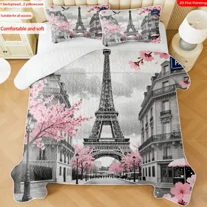 3 pcs, 2D Flat Print Paris Eiffel Tower Cherry Blossom Cityscape Bedspread Set, Soft and Comfortable, Multiple Sizes Available, Suitable for Gifting and Daily Use, Ideal for Creating a Cozy Home Atmosphere(1 bedspread , 2 pillowcases)