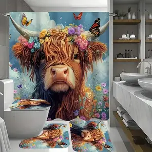 1/4pcs Highland cow and floral theme shower curtain set, non-slip floor mat, U-shaped carpet, toilet lid cover, perfect for bathroom decoration, partition, beautify the space, Bathroom Decoration Accessories, free 12 shower curtain hooks