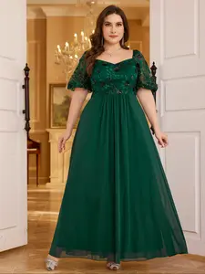 Elegant Chic V-Neck Princess Sleeve Sequined Embroidered Chiffon Dress, Random Cut, Big Swing Party Gown, Formal Evening Wear