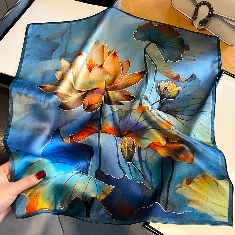 Elegant faux silk scarf—women’s headscarf, women’s handkerchief/silk scarf with a blue lotus design; women’s style; sleep headscarf; ideal for parties, formal events, and everyday wear.