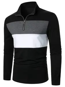 Men's Color Block Half-Zip Collared Fitted Striped Polo Top - Stretchy Polyester, Casual, Machine Washable - Ideal for Spring & Autumn Menswear