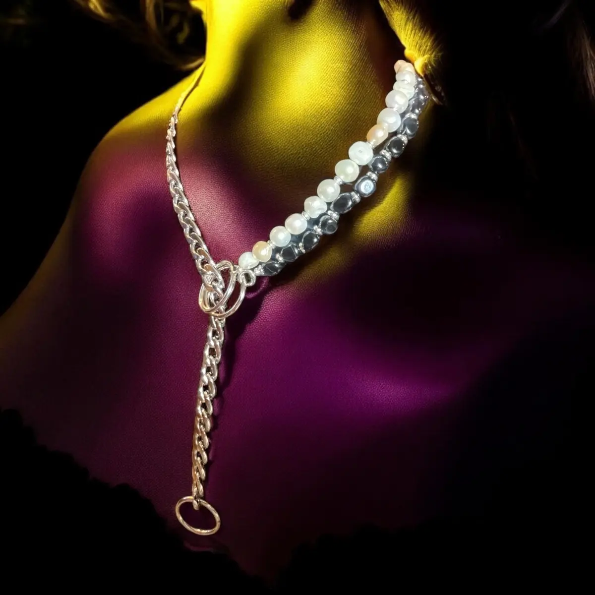 Pearl and Black Agate Pull Chain Choker Necklace for All