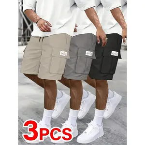 TNZI Menswear Mens Clothing 3PCS Men's Mid-Length Polyester Cargo Shorts - Mid-Waist, Fitted, Adjustable Drawstring Strap, Breathable Fleece-Lined, Waterproof, Basic Plain, Practical Pockets, Sleek Black/Beige, Ideal for Casual Wear