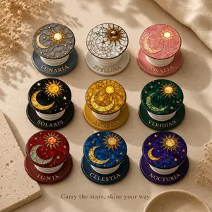 Celestial Sun and Moon Phone Grip Mosaic Art Phone Stand Personalized Name Gold Astral Phone Socket Galaxy Gift for Her Aesthetic Tech Grip