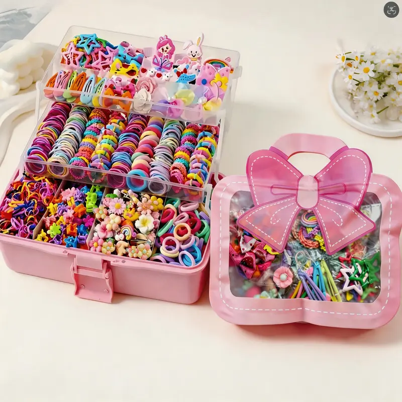 Kids' & Women's Kawaii Polyester Hair Accessories Set (618PCS No Organizer/2261PCS With Organizer Box) - Bow, Cartoon, Star Drop, Flower, Mini Hairpins, Simple Hair Rings, Rubber Bands, Elastics, Ideal Kid Girl Gifts for Fashion Lovers