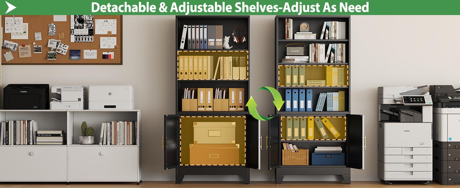 71" Tall White Metal Storage Cabinet – 4 Adjustable Shelves + Doors – Bookcase for Study, Office, Bedroom