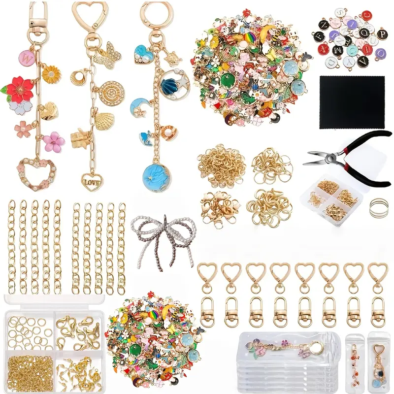 300pcs Comprehensive DIY Keychain Making Kit - DIY Kits, Handmade Crafts Supplies, Jewelry Pliers, Clips, Extender Chains, Charms for Enthusiasts and Beginners (Crafting Tools Included for Office Stationery Gifts)