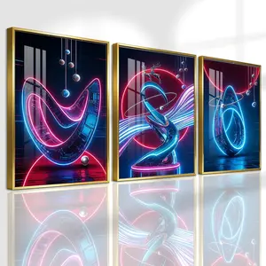 3 Counts Aluminum Alloy Framed Painting, Futuristic Neon Abstract Sculpture Art Pictures, Home Decoration For Living Room, Bedroom, Office, Restaurant, Hallway Wall Decor, Odorless Print Artwork, Luxury Perfect Gift For Friends And Family