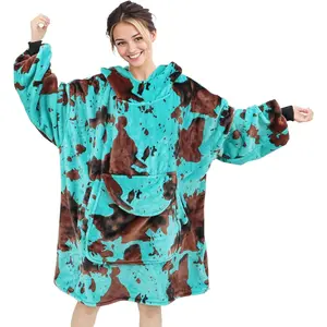 Blue  Wearable Blanket Hoodie  Fleece Sweatshirt Blanket with Giant Pocket Warm Cozy Hooded Blanket for Adult Cow Gifts for Women Men