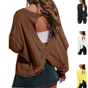 SCUSTY Womens Open Back Workout Top Long Sleeve Athletic Casual Crop Running Shirt