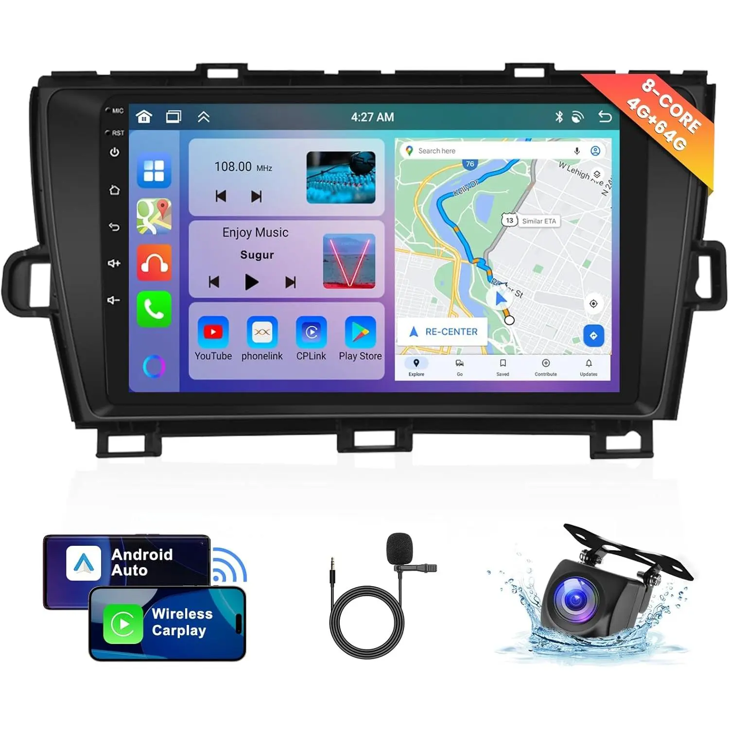 RIMOODY 9-Inch Android 13 IPS Touchscreen Car Video Player for Toyota Prius 2010-2015 (Non-Large Screen), 8-Core 4G+64G Car Audio with Wireless Carplay/Android Auto, Bluetooth, GPS, WiFi, SWC, DSP, USB, WMA, Rear View Camera Input, Father's Day Gift, Blue