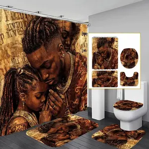 1/4pc African-style bathroom decor, including shower curtain, toilet seat cover, floor mat and U-shaped mat, bathroom accessories.