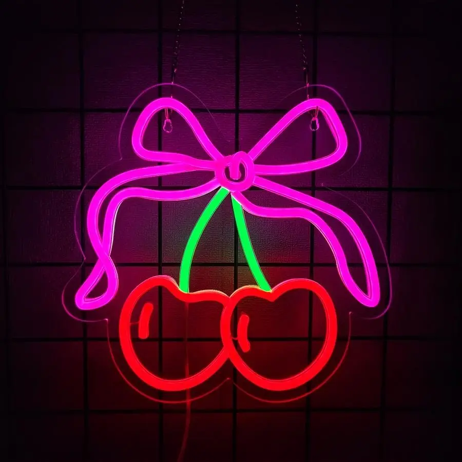Cherry Bow LED Neon Sign, Cute Fashion Wall Art for Girls' Bedroom, Home Decor for Kids Room, Restaurant, Bar, Wedding, Modern Mood Lighting, Cherry Design, Neon Glow, Decorative LED Light