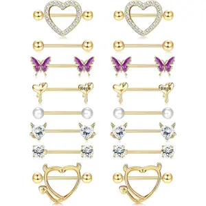 ZELORES  8 Pairs 14G Nipple Rings for Women Stainless Steel CZ Striaght Barbell Tongue Ring Nipple ring Set Butterfly Devil Heart Nipple Piercing Jewelry 16mm 5/8Inch