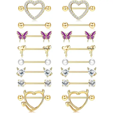 ZELORES Women's 8-Pair Barbell Style Nipple Piercing Rings, 14G 16mm Gold-Plated Stainless Steel, Dainty Rhinestone Butterfly Bow & Heart Accents, Non-Tarnish Chic Piercing Jewelry, Casual Daily Accessories for Women