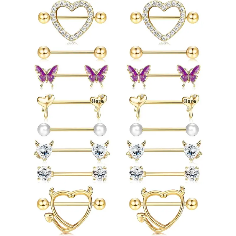 ZELORES Women's 8-Pair Barbell Style Nipple Piercing Rings, 14G 16mm Gold-Plated Stainless Steel, Dainty Rhinestone Butterfly Bow & Heart Accents, Non-Tarnish Chic Piercing Jewelry, Casual Daily Accessories for Women