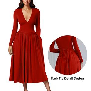 OYS Women's Casual Fall Long Sleeve Deep V Neck A-Line Swing Midi Party Dress With Pockets & Back Tie Detail Design