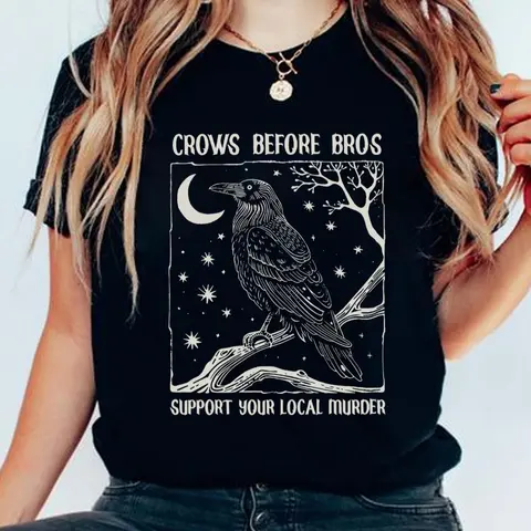 Women's Raven & Letter Print Round Neck Graphic Tee, Round Neck Tees, Vintage Trendy Casual Streetwear Short Sleeve T-shirt for Daily Wear, Ladies All Seasons Outfit