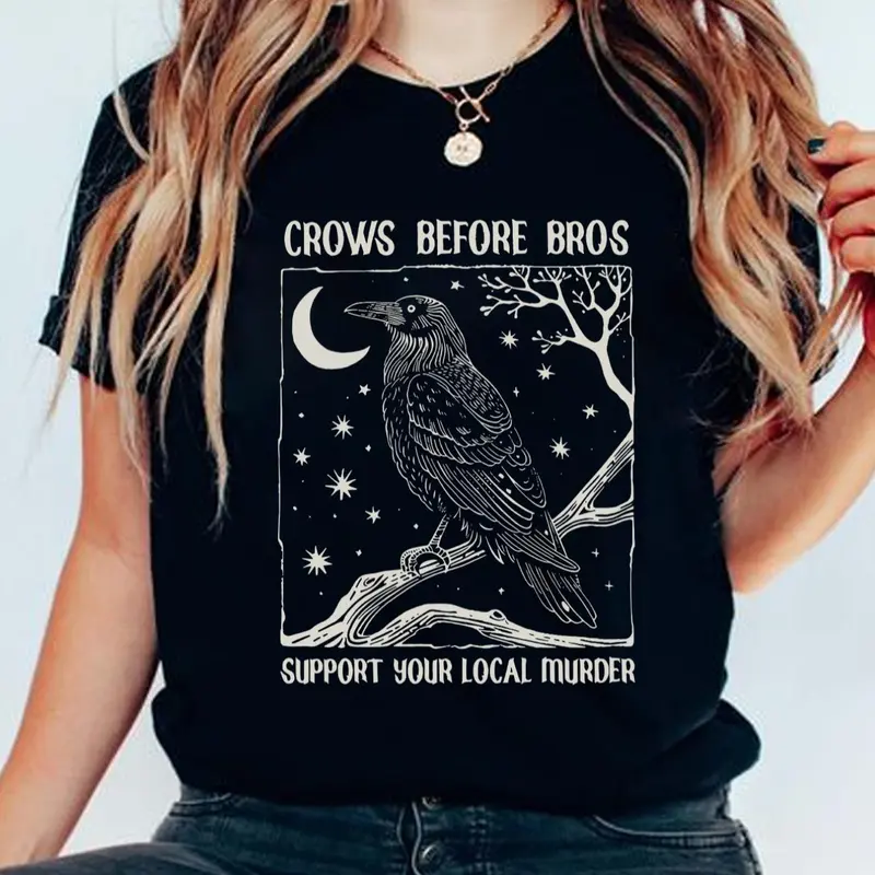 Women's Raven & Letter Print Round Neck Graphic Tee, Round Neck Tees, Vintage Trendy Casual Streetwear Short Sleeve T-shirt for Daily Wear, Ladies All Seasons Outfit