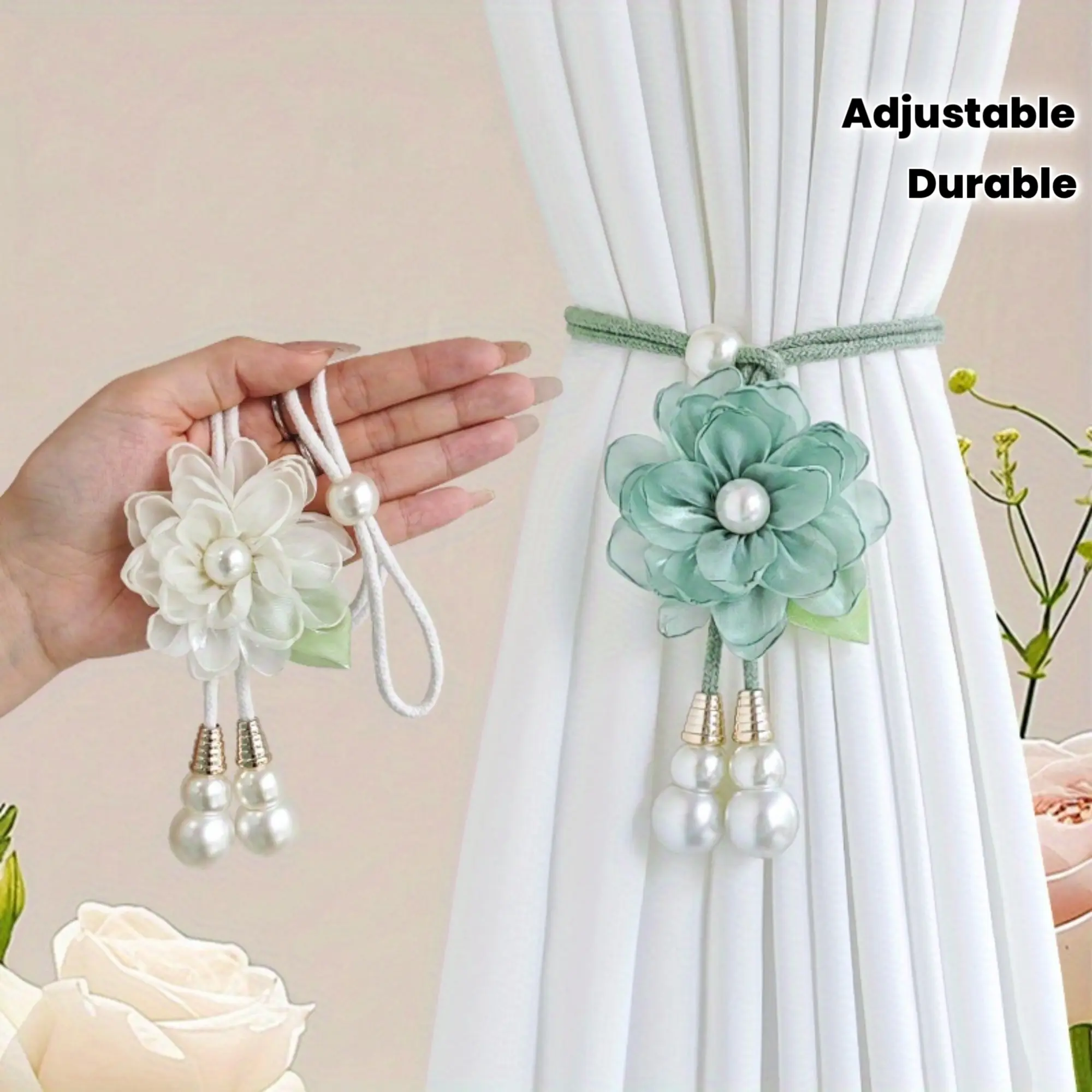 2pcs Adjustable Bohemian Pearl Flower Curtain Ties - Bouquet-Shaped Flower Hanging Decor, Decorative Garden-Style Home Decor Accessories, Bouquet-Shaped Hanging Decor