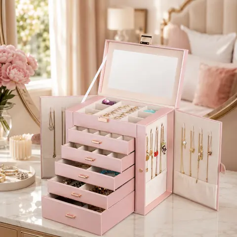 BOOVO Modern Women's Jewelry Box - 6-Layer Large Cosmetic Organizer with Mirror, Lock, 5 Huge Drawers & Necklace Holder for Earrings Bracelets (Rose Gold, Gold) [Countertop Jewelry Boxes & Organizers]
