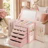 BOOVO Modern Women's Jewelry Box - 6-Layer Large Cosmetic Organizer with Mirror, Lock, 5 Huge Drawers & Necklace Holder for Earrings Bracelets (Rose Gold, Gold) [Countertop Jewelry Boxes & Organizers]