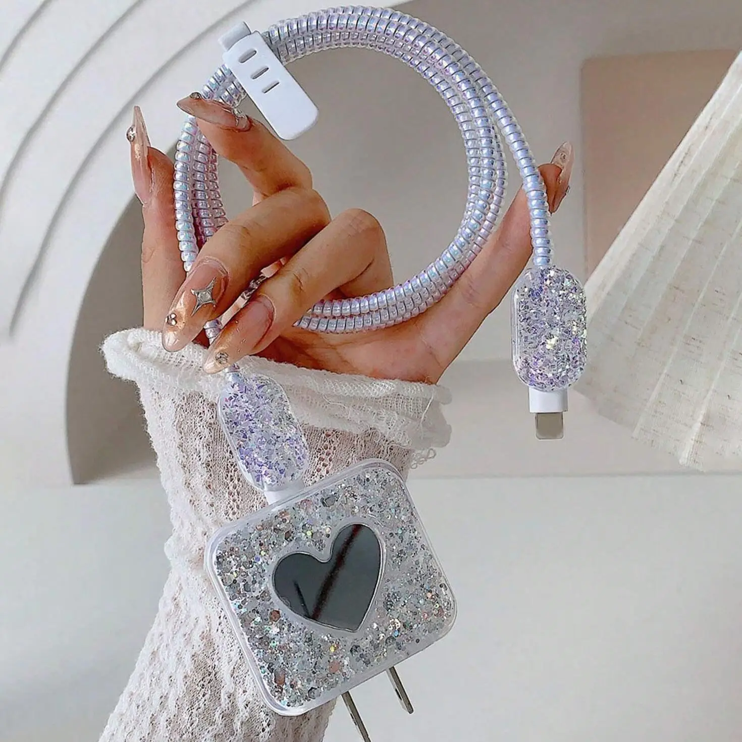 Bling Glitter Phone Charger Protective Case, 5 Counts/set Phone Charger Protective Cover for Apple 18W/20W Fast Charging Charger, Cable