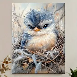 Pudro Bird in the Nest Canvas Wall Art - Realistic Blue and Brown Feather Painting, Wooden Frame Minimalist/Decorative Art Style Ink Painting, Easy Hook Installation, Suitable for Living Room, Bedroom, Bathroom Decoration - Natural Theme Bird's Nest Wall