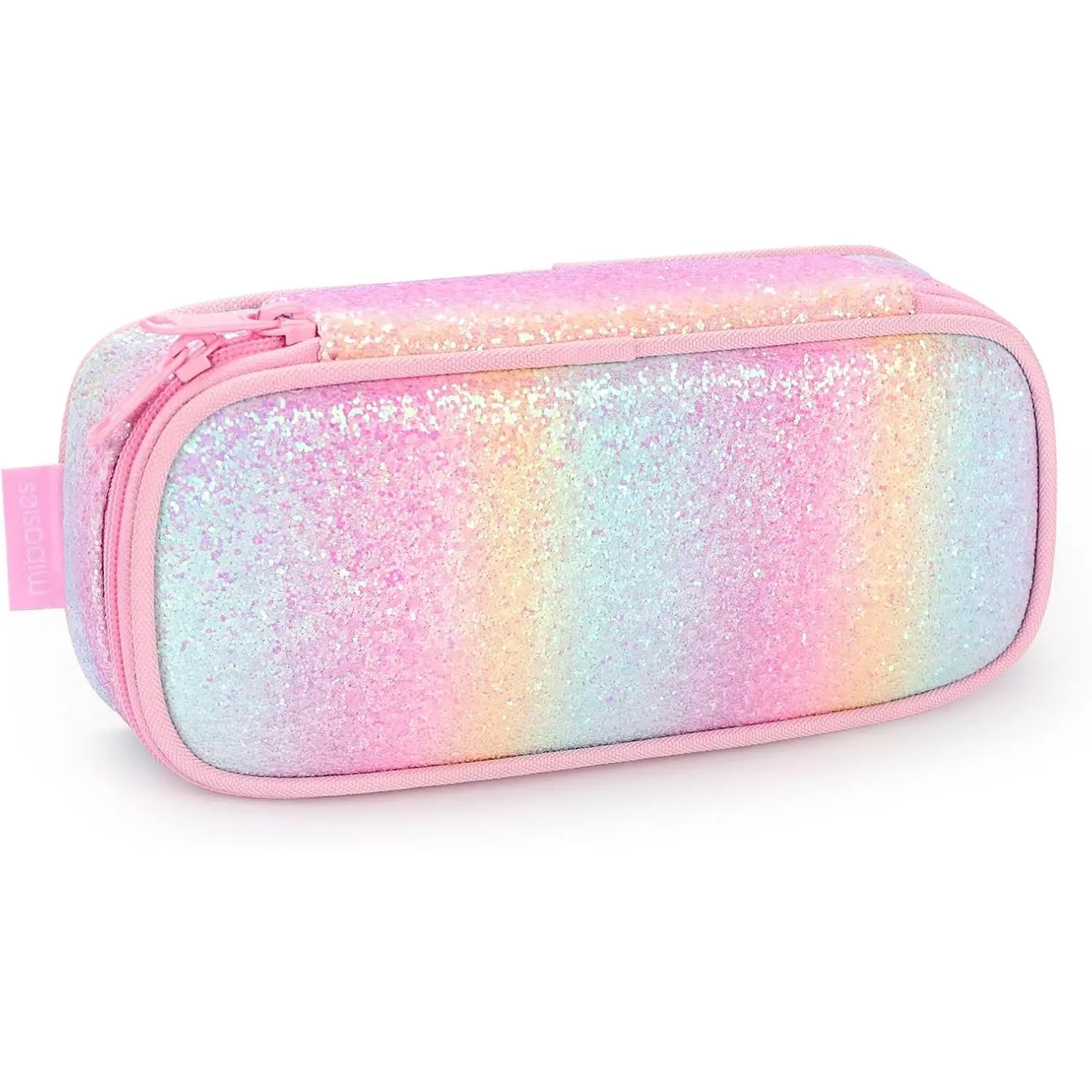 Cute Synthetic Girls' Pencil Pouch - Blue Rainbow Glitter, 9"x2.4"x4", 6 Stretch Pencil Loops, Name Tag Slot, Roomy Main Compartment, Flexible Removable Dividers, Fun Look Office Stationery Organizer for Kids, Organizes Items