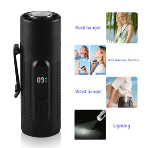 Portable, high-speed cooling handheld USB fan can be worn on the waist or neck; features a 20000 RPM brushless motor with a long battery life of 5000 mAh; LED light; and 5 wind speed settings. Ideal for camping, construction sites, and outdoor activities.