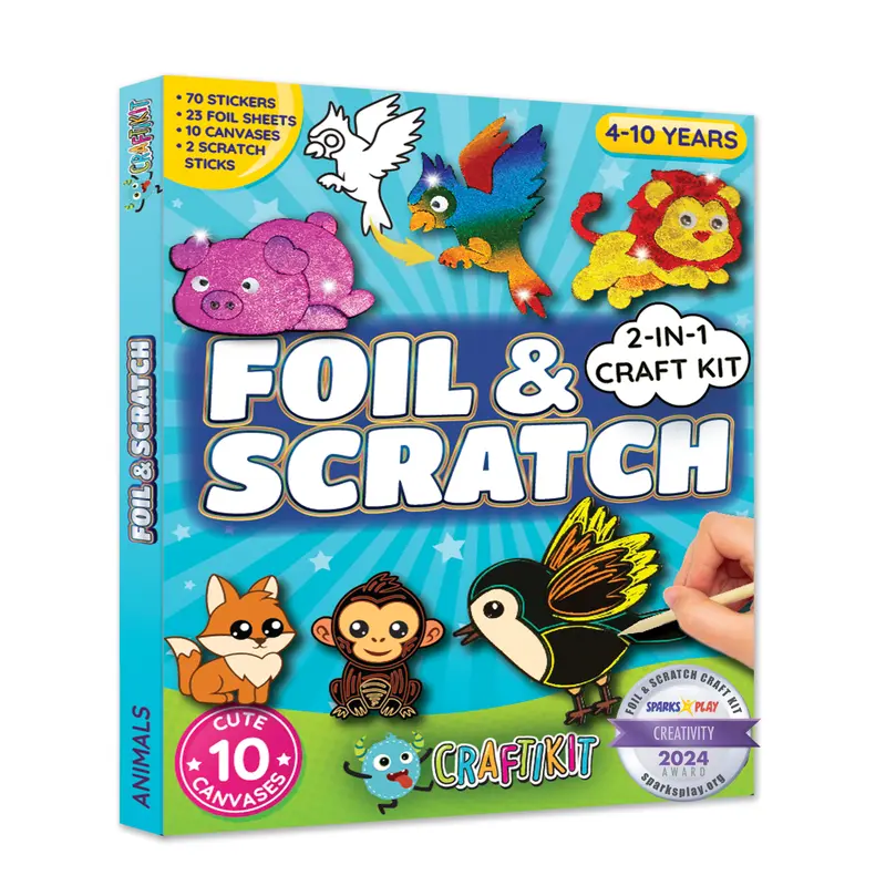 Craftikit Unisex Foil & Scratch Art Crafting Kit for 4-10 Years Kids, Screen-Free Rainy Day Birthday Activity, 10 Animal Scenes, 20+ Colorful Sheets, 70+ Stickers, Mess-Free Arts & Crafts with Foiled Card & Scratch Tools