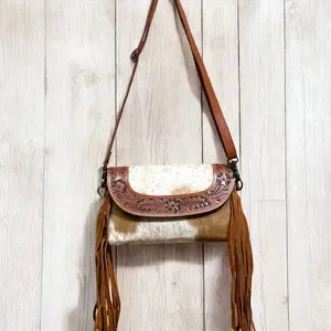 Tooled Leather & Cowhide Fringe Crossbody Bag