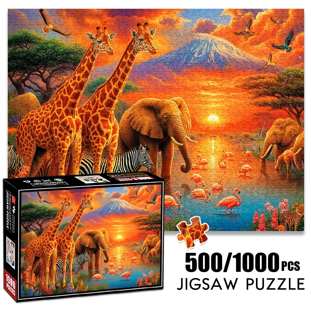 1pc 1000 piece adult Family puzzle 70x50cm Giraffes, Elephants, Zebras & Flamingos in African Landscape 500 pieces paper jigsaw puzzle suitable for DIY creative games for adults and families, birthday and Crafts