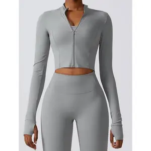 Women's Solid Zip Up High Neck Sports Crop Jacket, Quick Drying Long Sleeve Zip Front Outerwear for Yoga Gym Tennis Pickleball, Ladies Sportswear Clothing for All Seasons