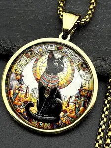 Vintage Black Egyptian Cat Goddess Bastet Glass Pendant Fashion Accessory Necklace Stainless Steel Gold Color Ancient Egypt Chain Amulet