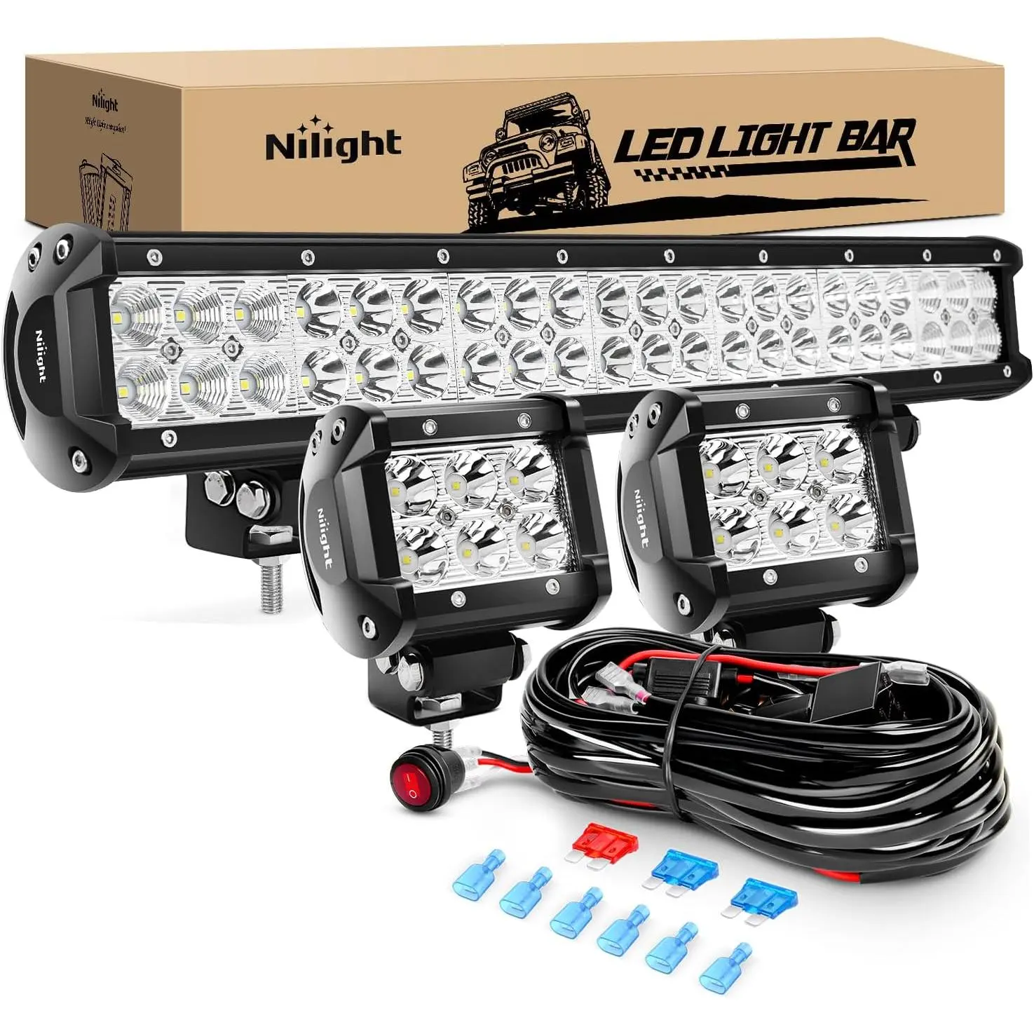 Nilight 20Inch 126W Spot Flood Combo Off Road Led Light Bar 2PCS 18w 4Inch LED Pods With 16AWG Wiring Harness Kit-3 Lead For Tractor,car accessories