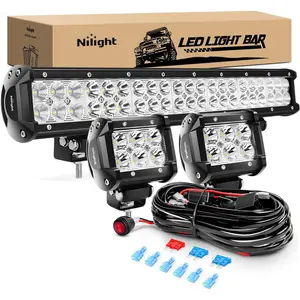 Nilight 20Inch 126W Spot Flood Combo Off Road Led Light Bar 2PCS 18w 4Inch LED Pods With 16AWG Wiring Harness Kit-3 Lead For Tractor