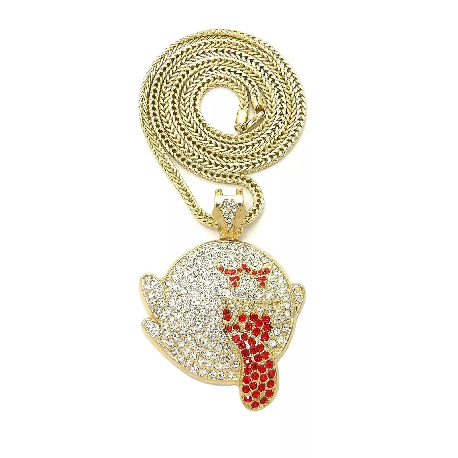 MaxBling81 Men's Pendant Necklace, Hip Hop Iced Out Ghost Charm, Gold-Plated with Elegant Cubic Zirconia, Casual Statement Jewelry on 4mm 36in Franco Chain