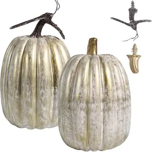 8.5 Inch Large Gold Plastic Pumpkins for Decorating - 2PCS Big Decorative Foam Pumpkins for Fall Decor, Artificial Plastic Pumpkins Perfect for Halloween Decor Thanksgiving Table Decor Ornaments Decoration