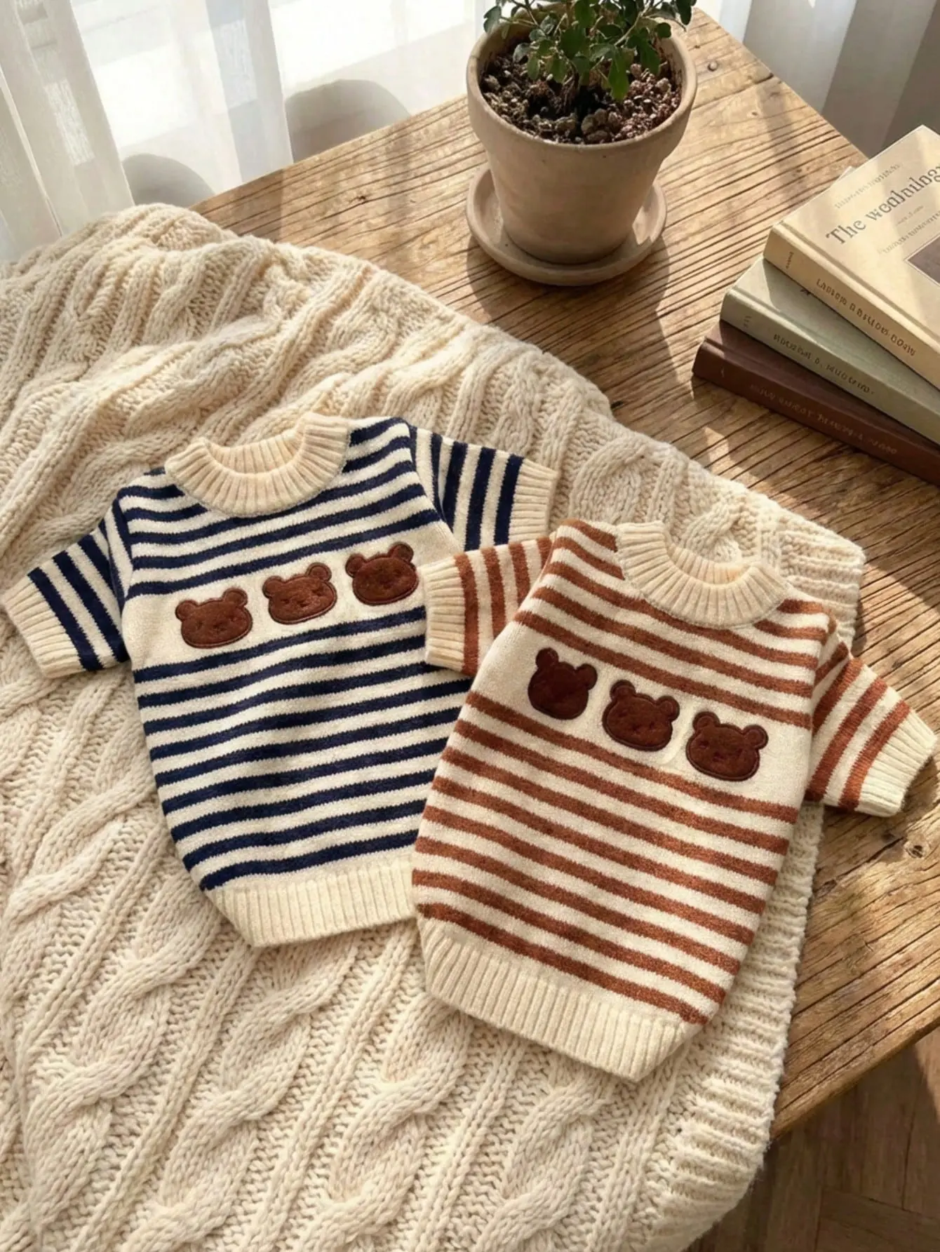 AESS x PETSIN 1-Piece Cat & Dog Winter Striped Knitted Sweater - Soft Knitwear, Warm Cozy Bear Pattern Pet Outfit with Cute Look, Fabric, Cozy Warmth