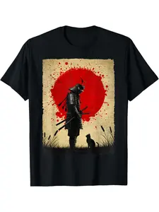 Japanese Warrior Art Samurai Black Cat Vintage Fighter Retro T-Shirt, Round Neck Short Sleeve 100% T-Shirt Men'S Casual Fashion Comfortable Soft Daily Home Outdoor Sports Fitness Pure Breathable Top T-Shirt