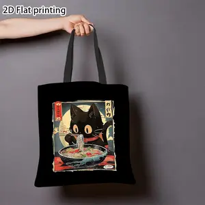 A vintage tote bag featuring a cute black cat enjoying ramen, perfect for Halloween, Christmas gifts, travel, beach outings, and everyday use. This heavy-duty open-top tote bag is a great holiday gift idea and a reusable canvas bag