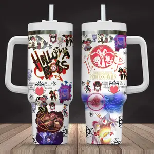 White Helluva Boss TV Series Custom Cup 40oz Tumbler With Handle, Movie Lover Gift, Movie Travel Cup, Gift for Her