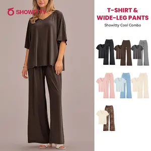 SHOWITTY Soft Women's Lounge Set, V-Neck Short Sleeve Top & Wide Leg Pants with Pockets, Casual Travel & Fall Loungewear