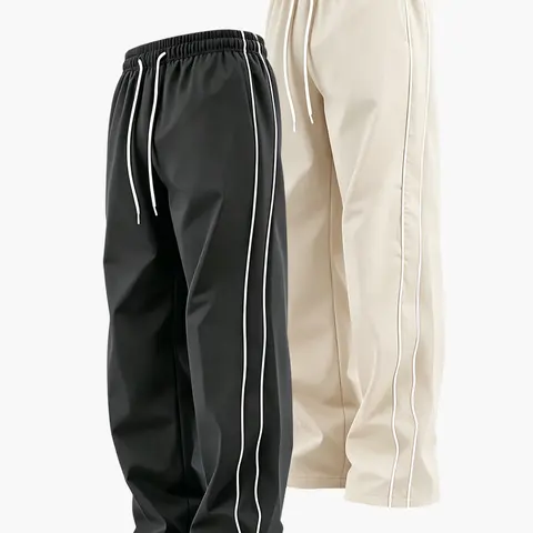 Men’s quick-dry casual sports pants for spring and autumn outdoor activities, loose straight fit with side stripe design