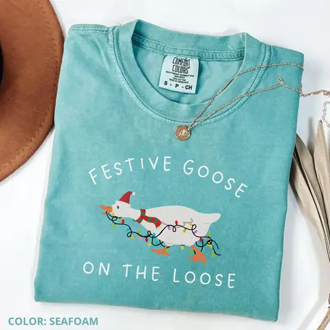 Festive Goose on the Loose Christmas Funny Goose Holiday Tee Cute Xmas Duck Graphic Top, Silly Goose Gift For Her Funny Christmas Goose Gift