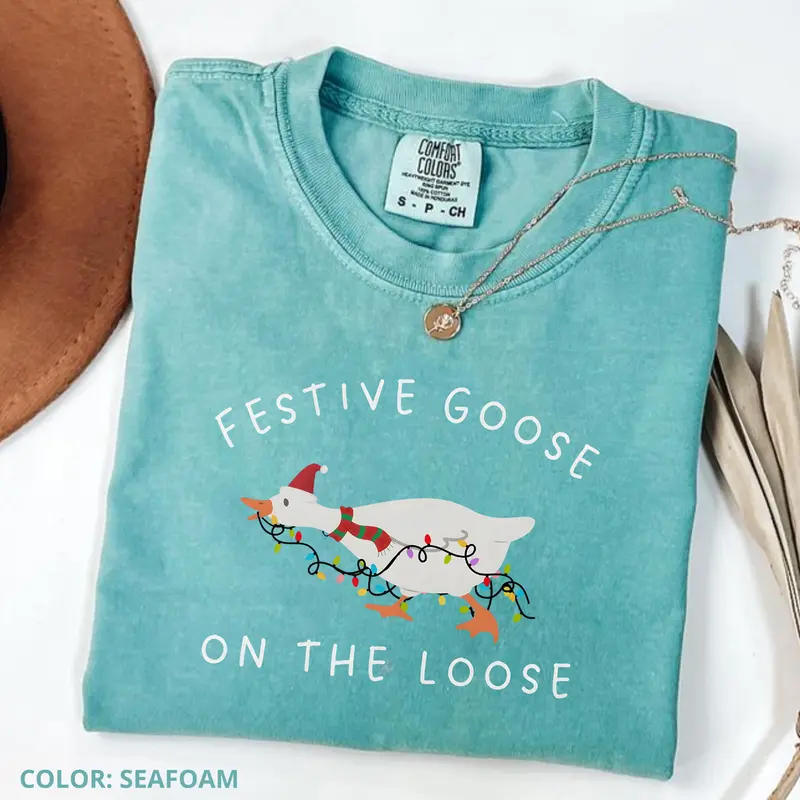 Festive Goose on the Loose Christmas Funny Goose Holiday Tee Cute Xmas Duck Graphic Top, Silly Goose Gift For Her Funny Christmas Goose Gift