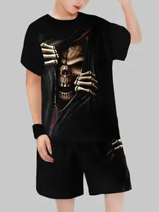 Boys' Short Sleeve Shorts Set, Summer Street Style Two-Piece, Fitted Design, All-Over Printed Pattern, Regular Length