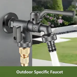 Outdoor faucet with one inlet and two outlets, dual water outlets without queuing, multifunctional outdoor washing machine tap for courtyard, garden, and villa, Water Hose Nozzle